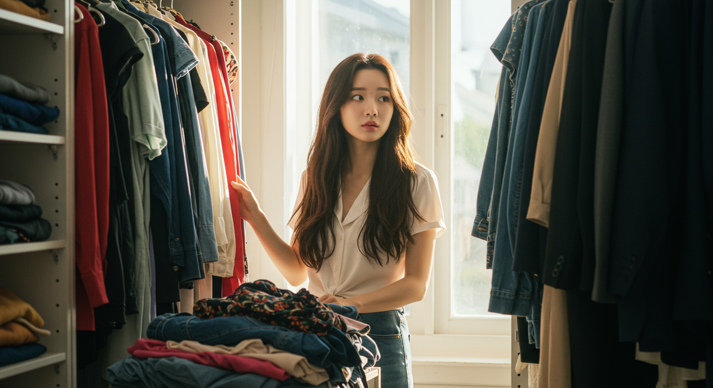 다양한 옷을 앞에 두고 아침 코디를 고민하는 여성의 모습