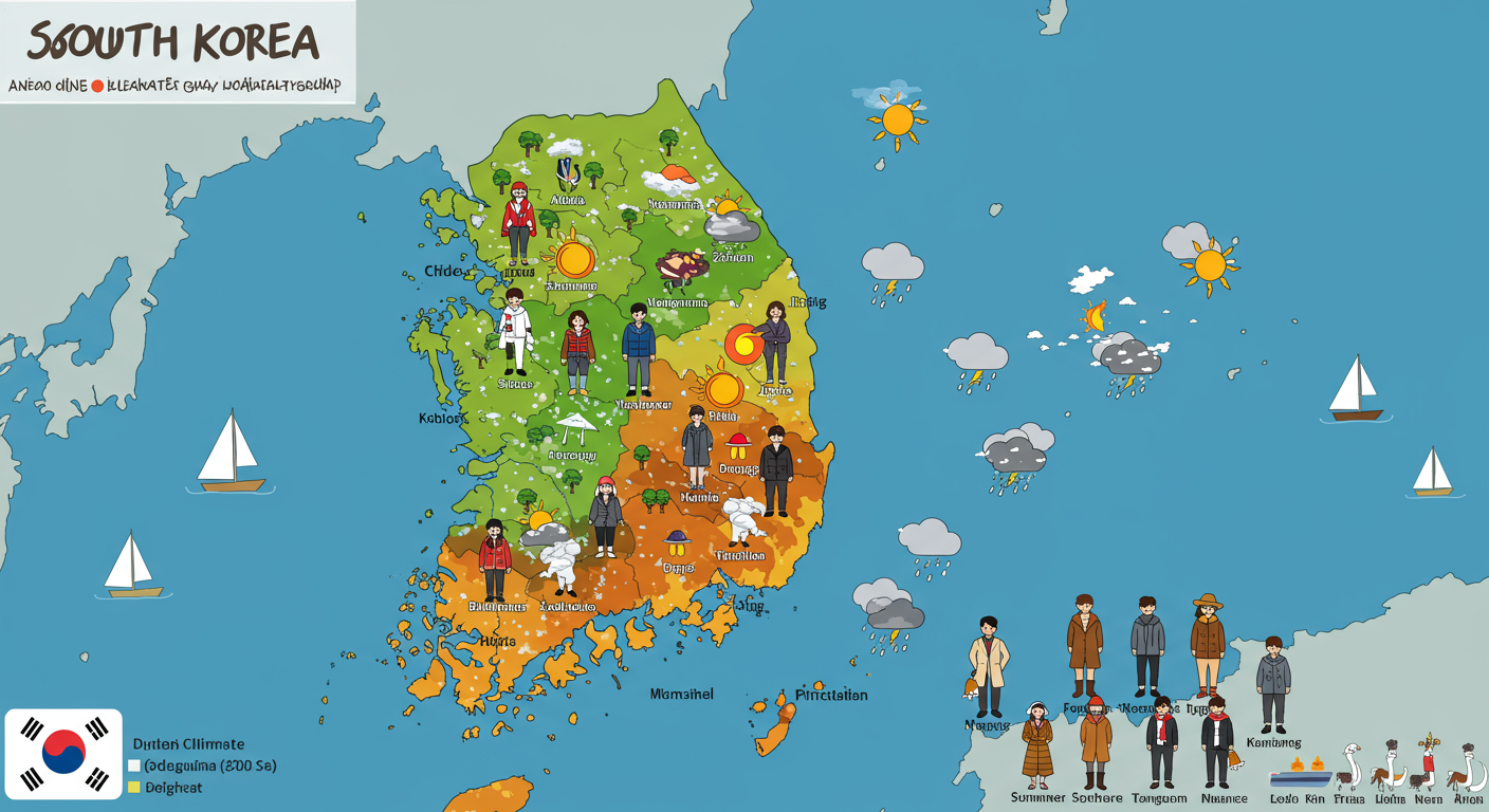 각 지역별로 다른 기후를 나타내는 한국 지도와 해당 지역의 적합한 의상을 보여주는 아이콘들