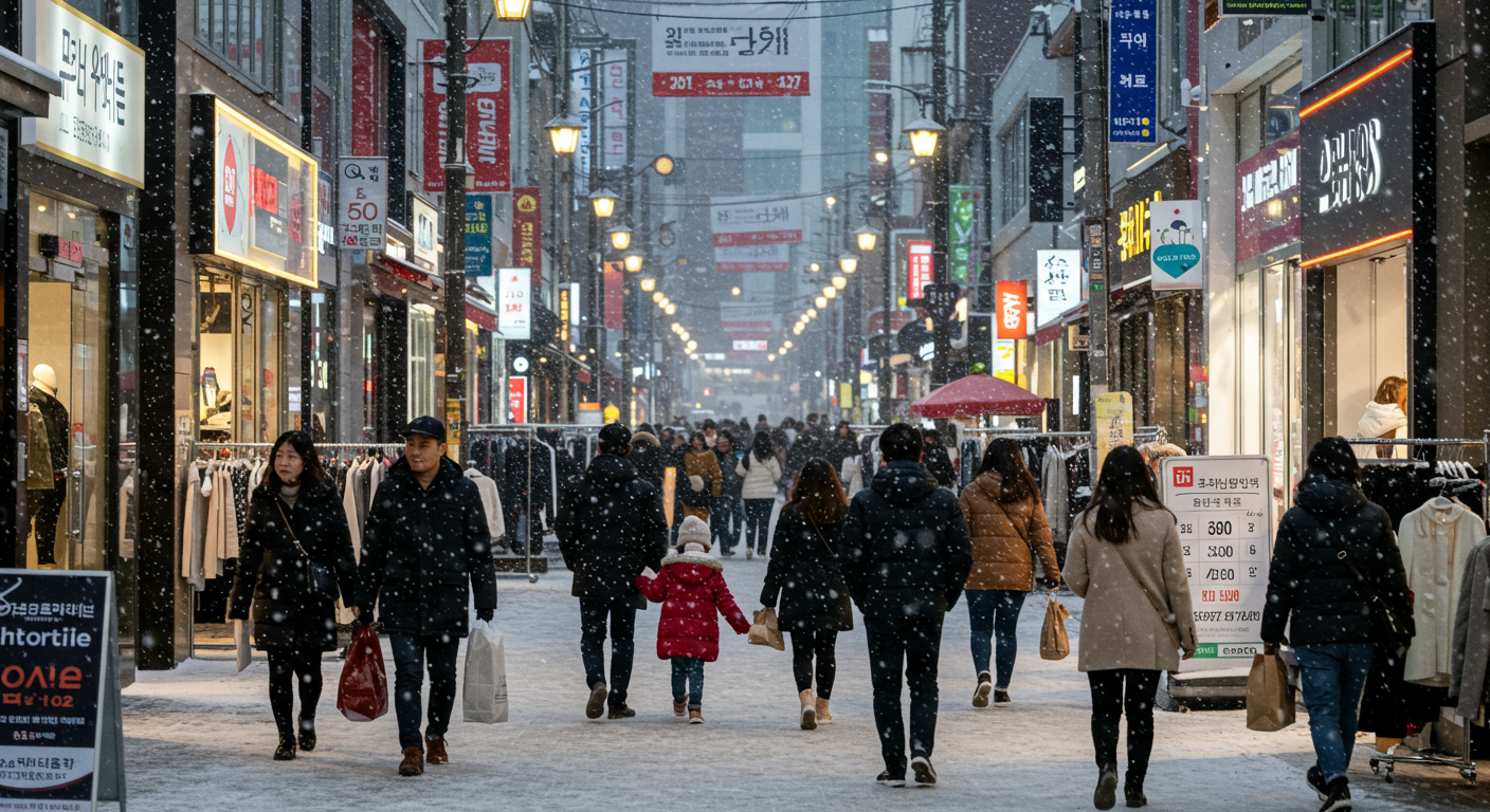 겨울철 쇼핑 거리에서 사람들이 옷을 살펴보는 모습