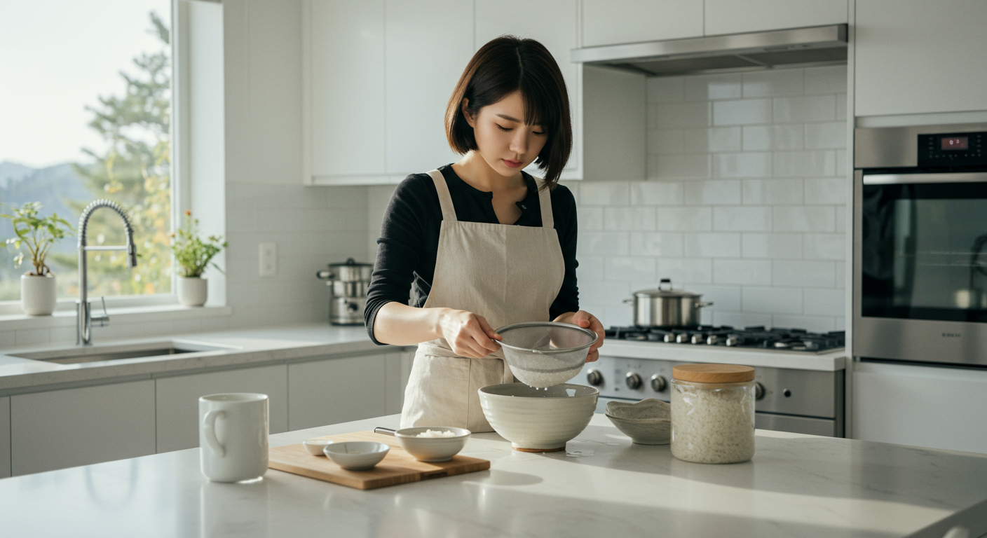 세 번째 물로 쌀을 씻고 있는 현대적인 주방의 여성 모습