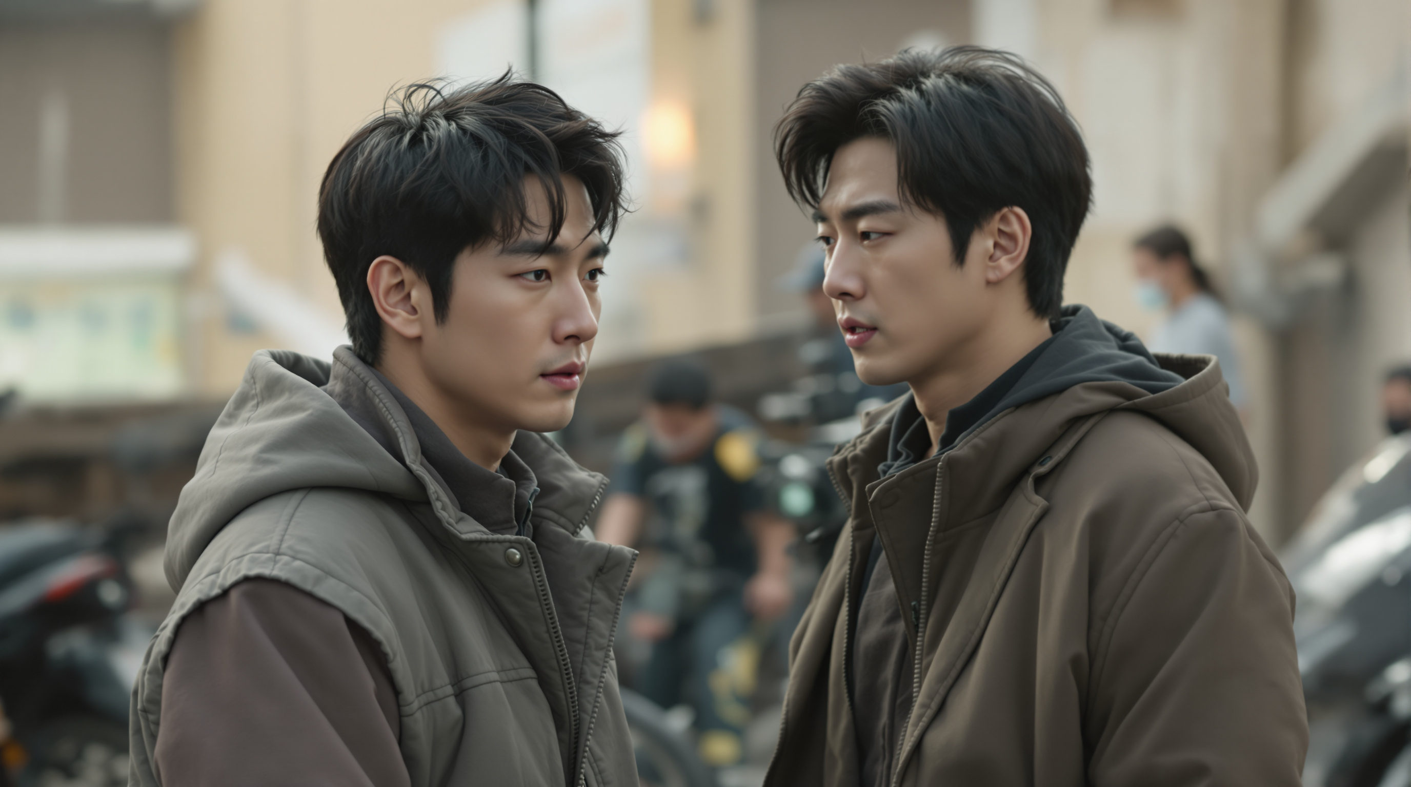 설경구와 류승범이 영화 촬영장에서 열연하는 모습