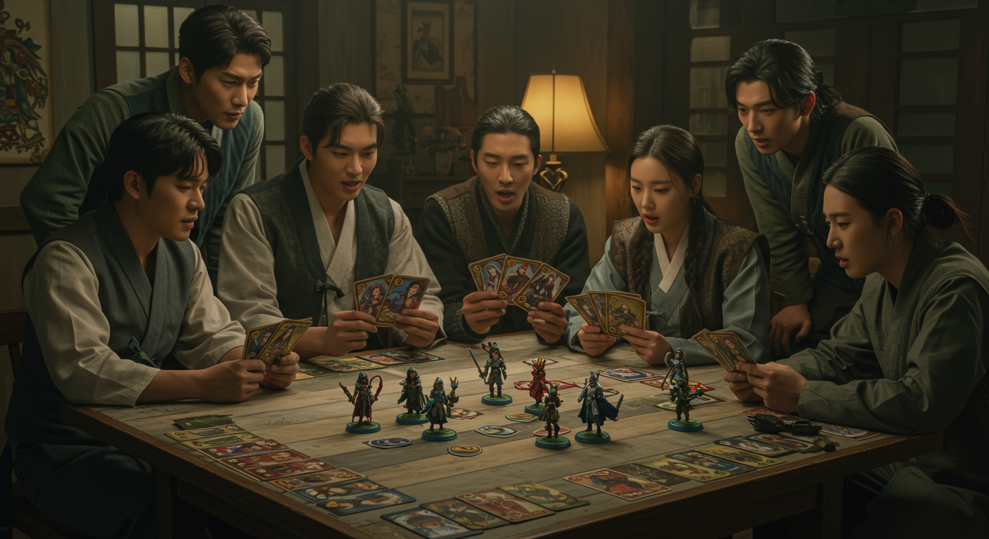 다양한 캐릭터들이 RPG 게임을 위한 파티 구성을 전략적으로 논의하는 장면