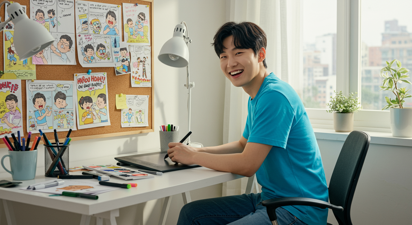 밝은 작업실 책상에서 유쾌한 만화를 그리고 있는 즐거운 만화가