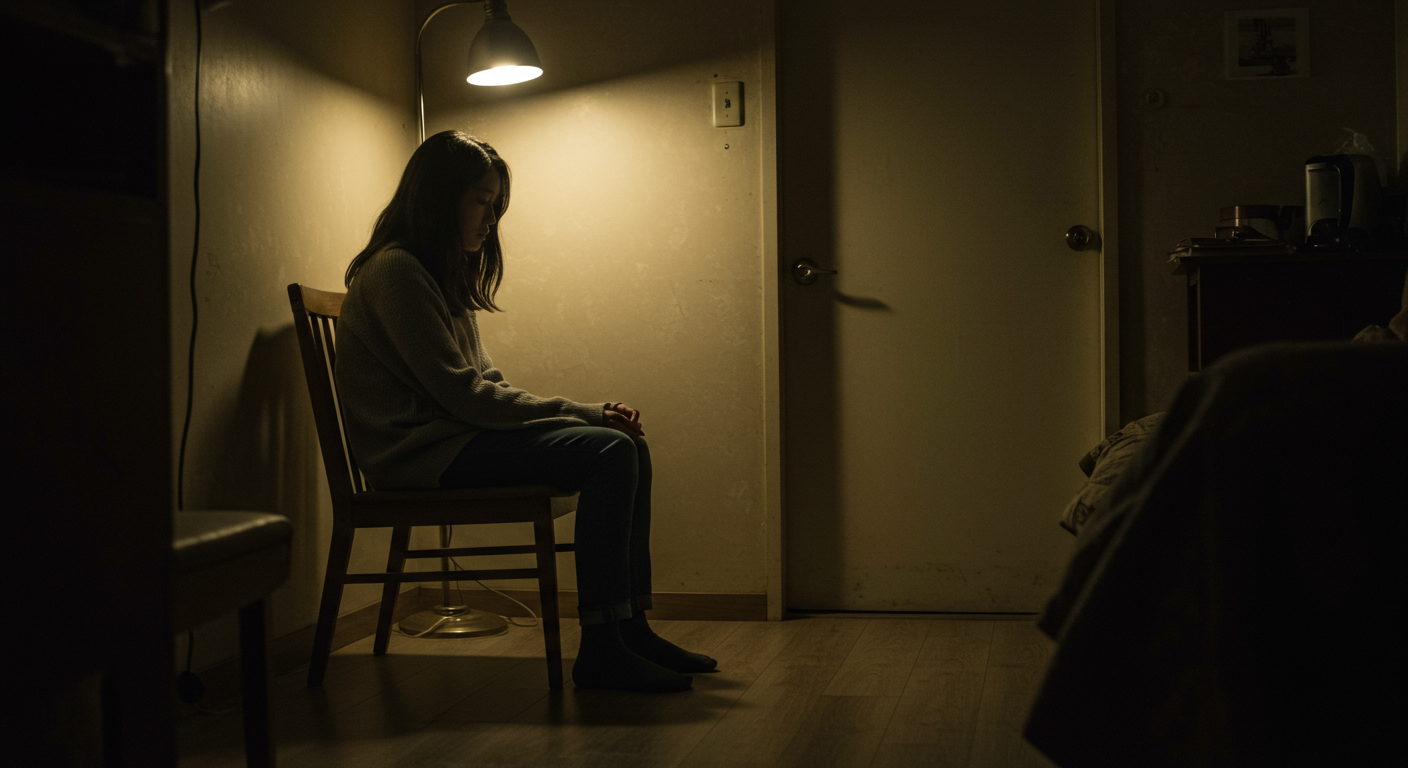 어두운 방에서 혼자 절망에 빠진 여성