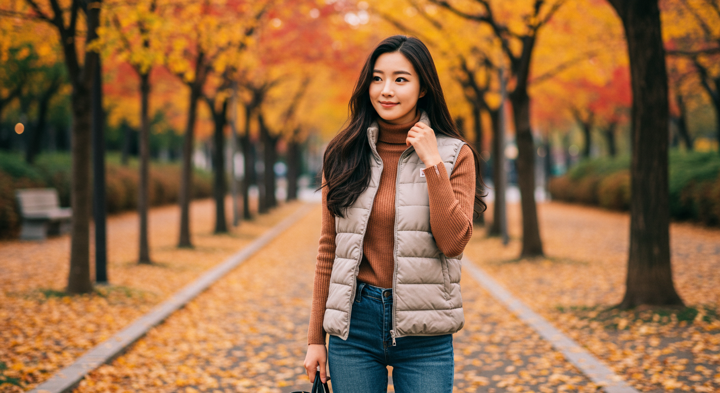 가을 도심 속 유니클로 경량패딩 조끼를 입은 여성
