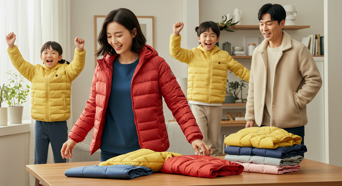 다양한 색상과 스타일의 유니클로 패딩을 입고 있는 가족
