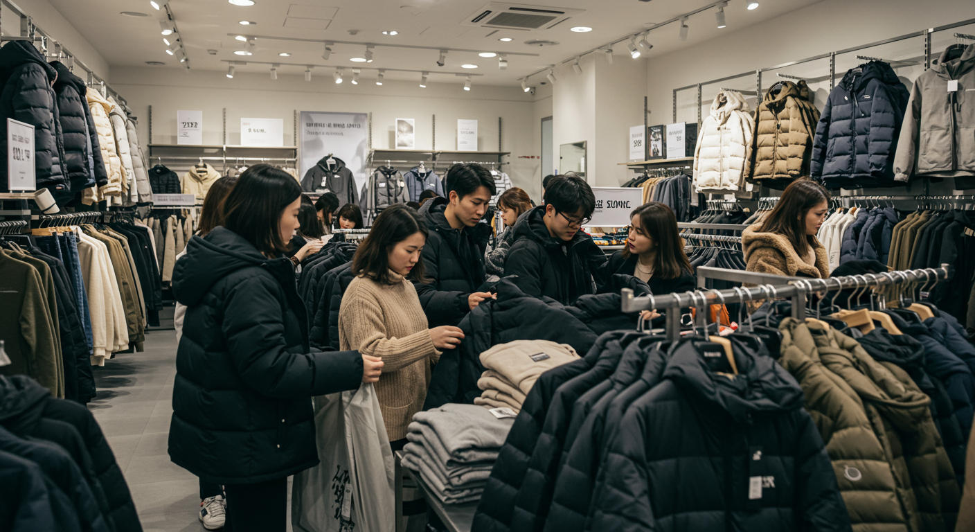한국인들이 옷가게에서 패딩 재킷과 기모 후드를 살펴보며 날씨에 맞는 옷을 고르는 모습