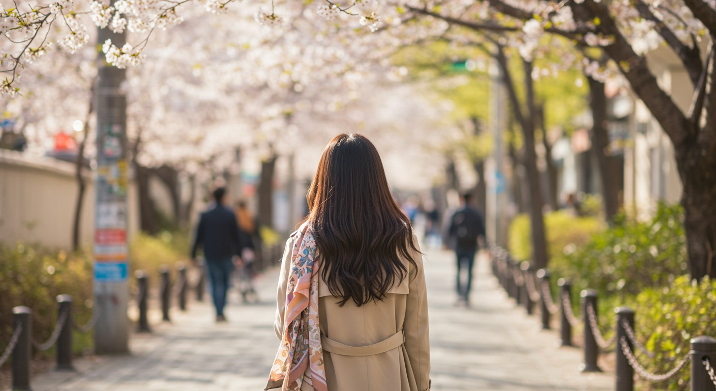 봄이나 가을 도심 거리를 걷는 트렌치코트를 입은 한국 여성