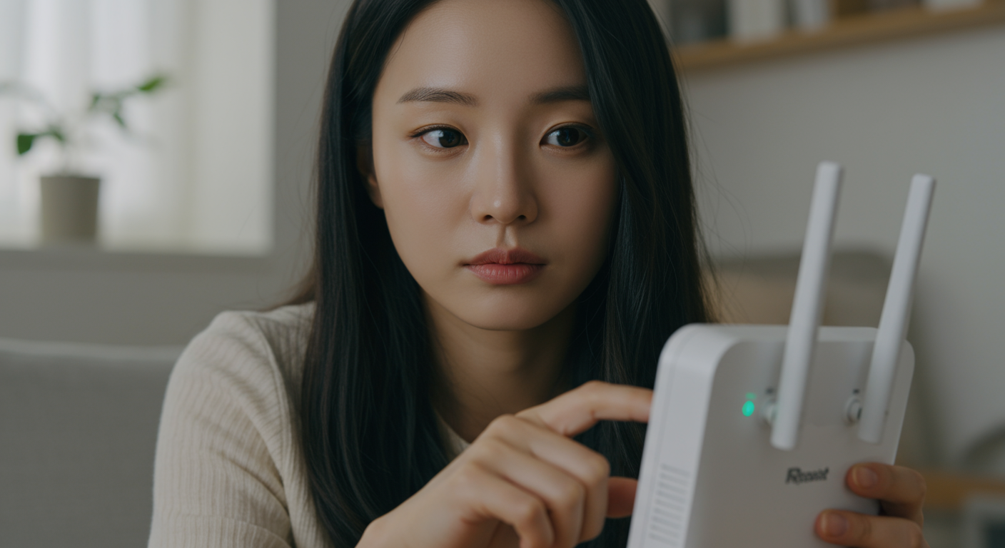 와이파이 공유기를 재부팅하는 여성의 클로즈업 모습