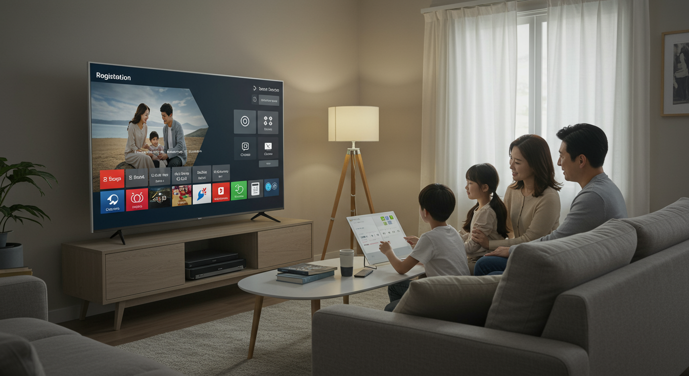 스마트 TV 앞에 앉아 기준 기기 등록 메뉴를 보는 가족