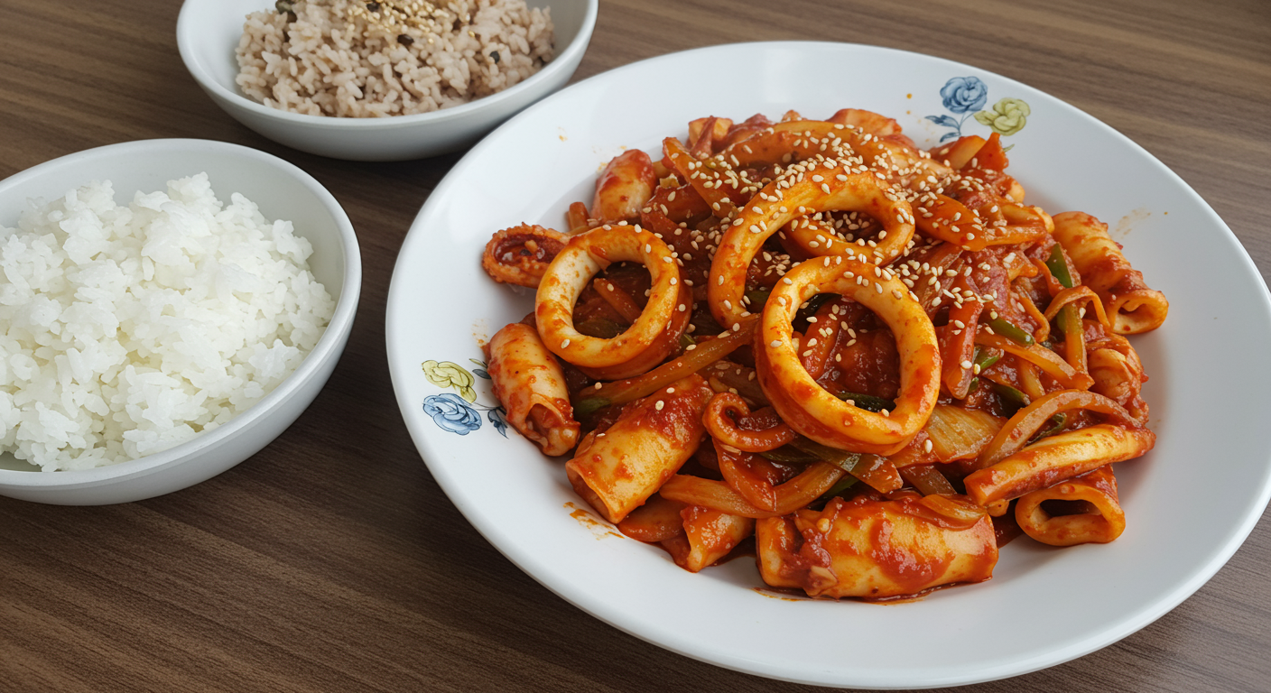 매콤한 양념에 쫄깃한 오징어볶음이 담긴 접시와 밥 한 공기
