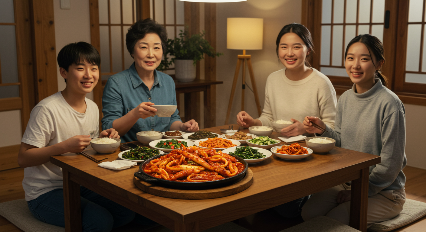 가족들이 모여 앉아 집밥을 즐기는 아늑한 식탁 풍경