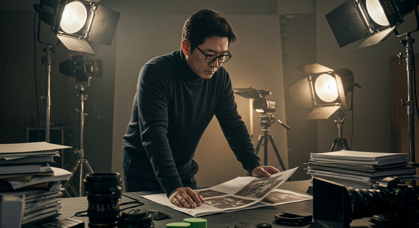 스튜디오에서 게임 원작 영화 스토리보드를 분석하는 한국 영화 감독의 모습