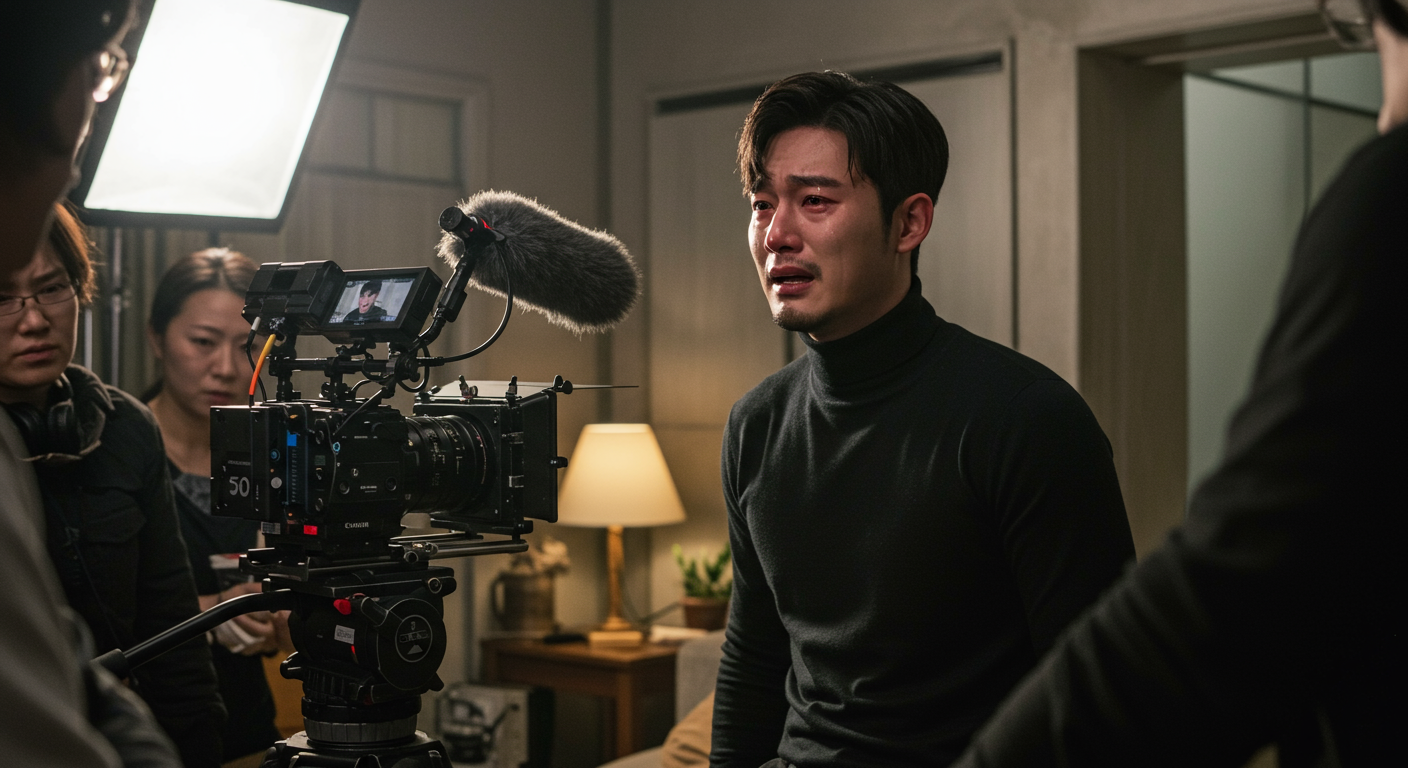 세트장에서 감정 표현이 돋보이는 연기를 펼치는 한국 배우와 촬영 중인 스태프들