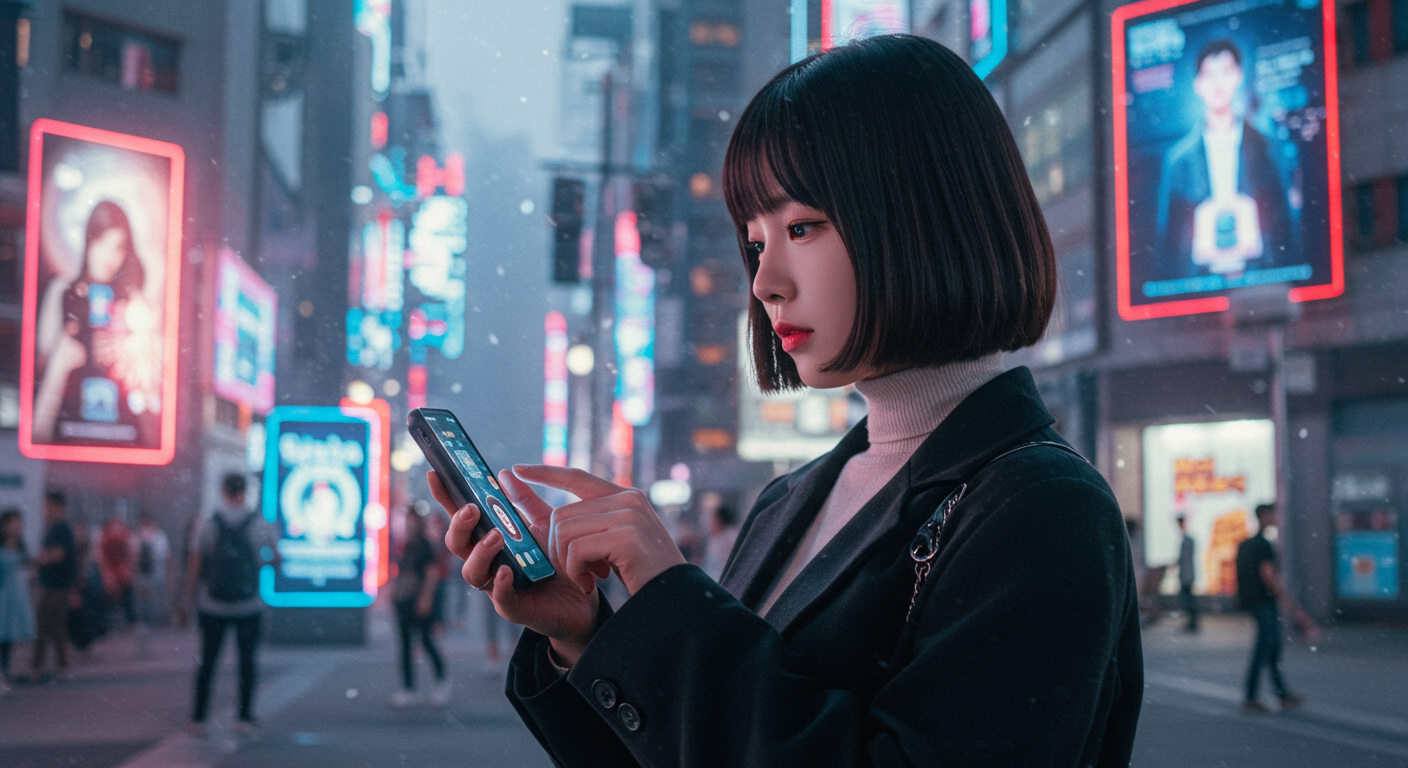 미래 도시 환경에서 스마트폰 앱으로 미스터리 게임을 하는 현대적 여성의 모습