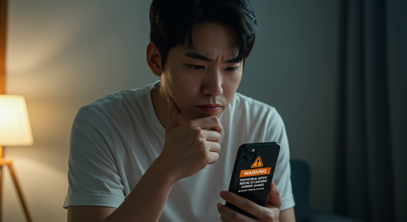 공포 게임 시작 전 심리적 대비에 관한 경고 메시지를 읽는 남성