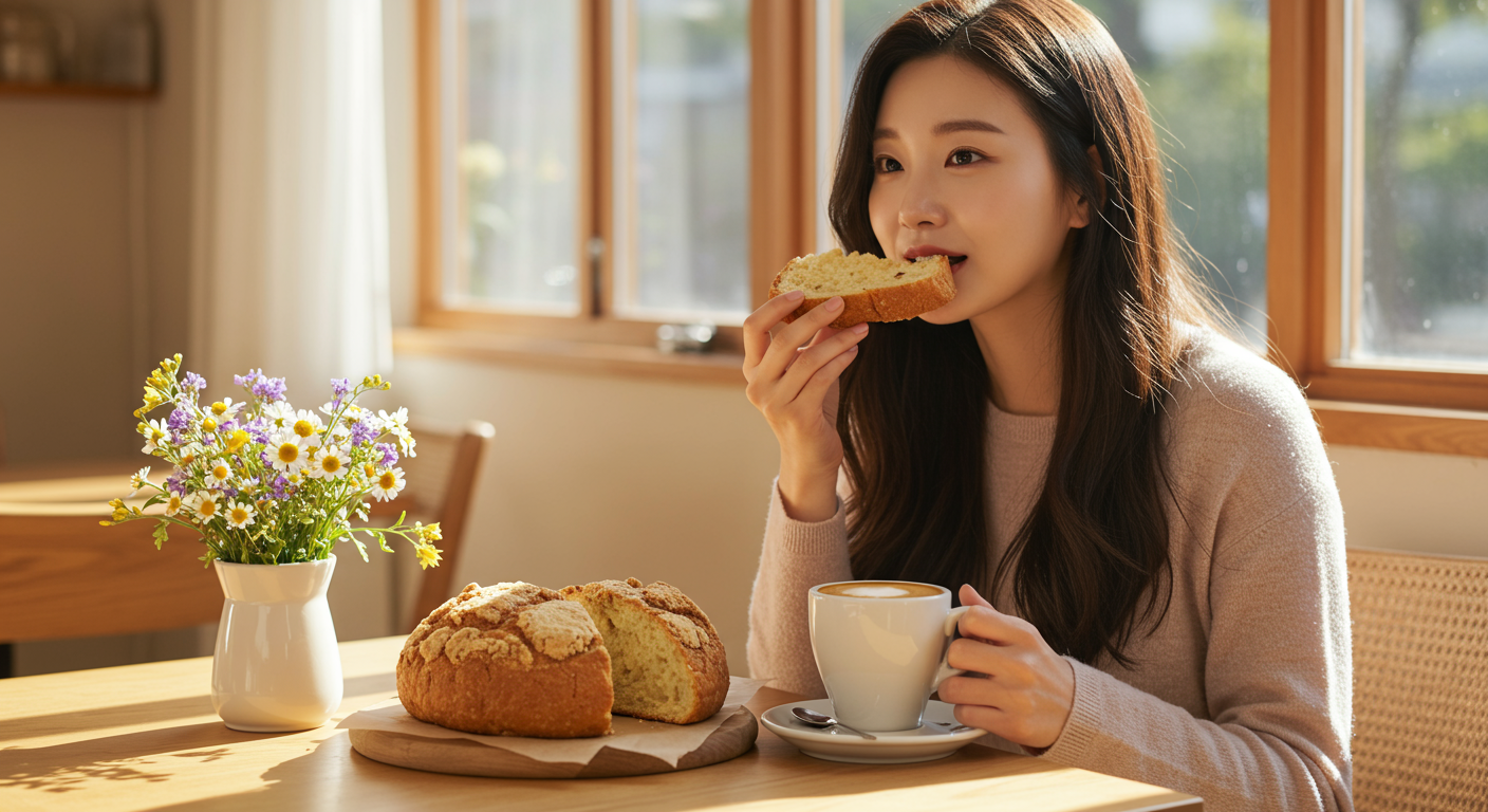 따뜻한 커피와 함께 막 구운 소보로빵을 즐기는 여성의 모습