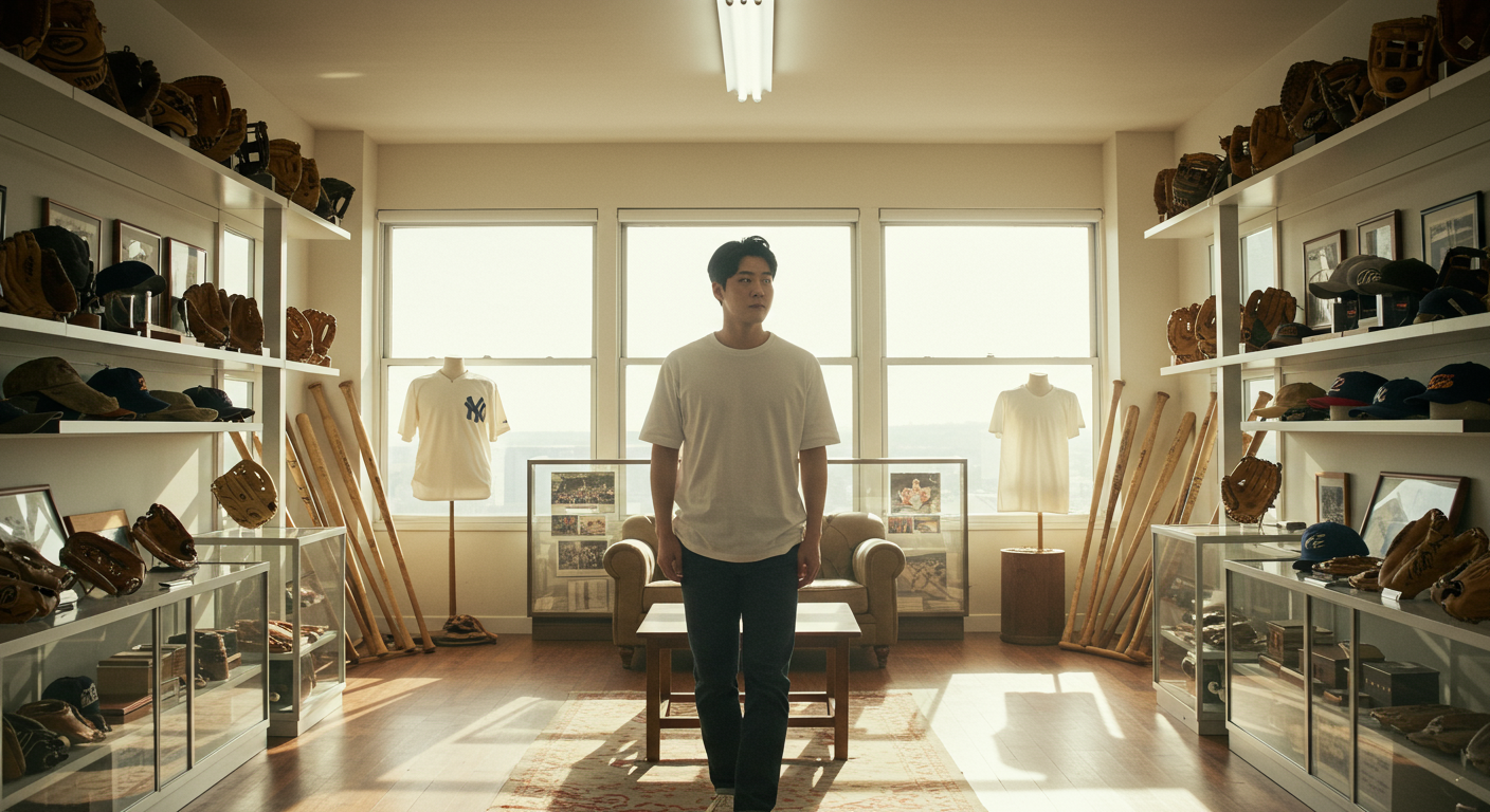야구 선수에서 새로운 삶으로 전환하는 과정을 회상하는 중년 남성의 모습
