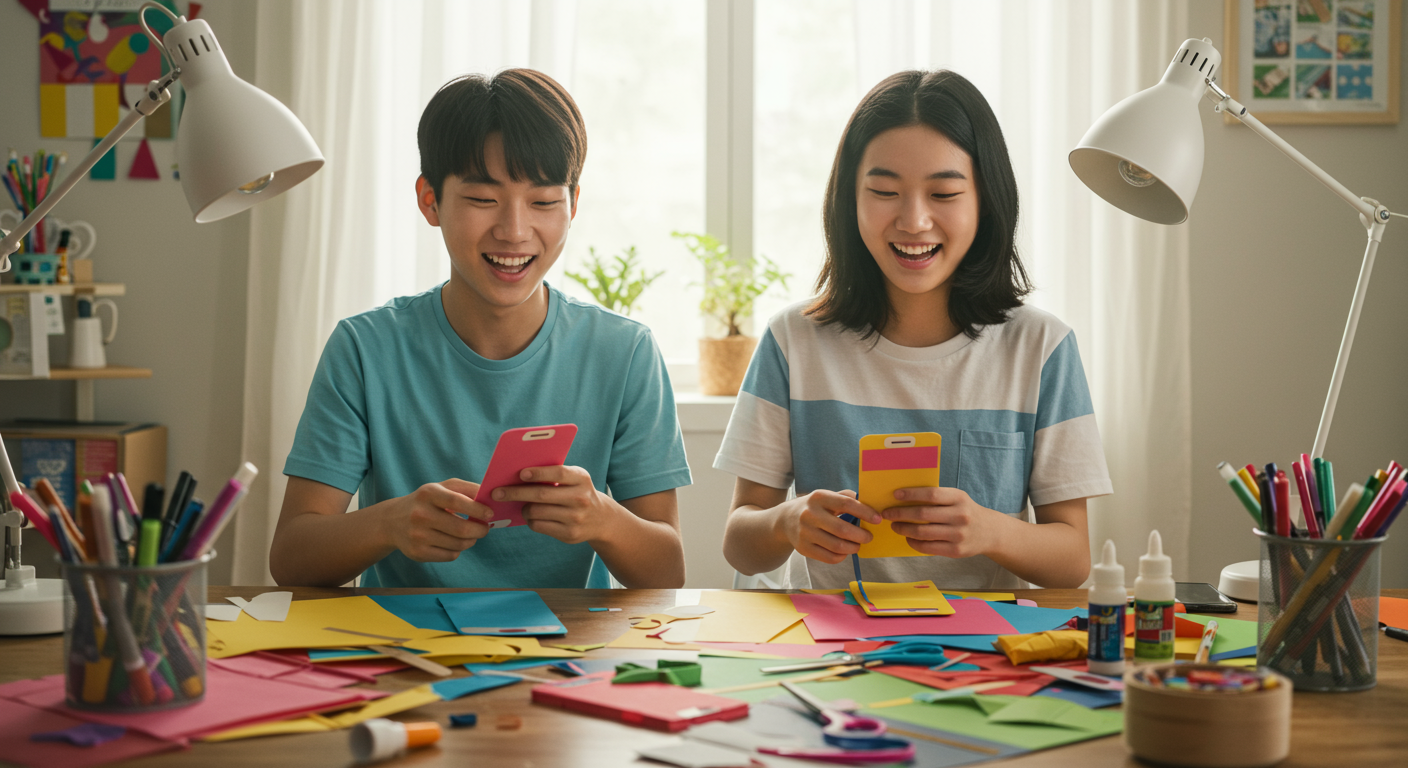 한국의 젊은 세대가 집에서 종이 휴대폰을 만들며 즐거워하는 모습