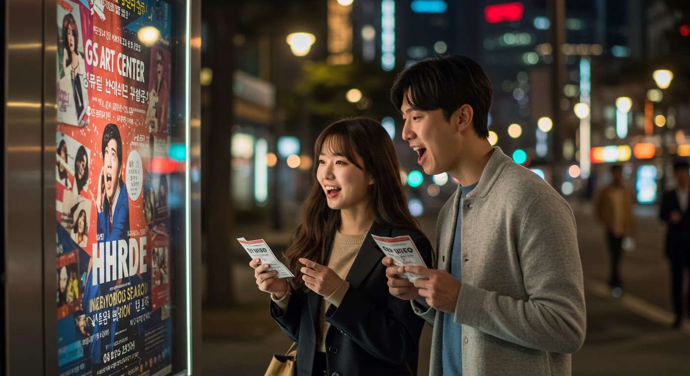 밤의 서울 도심에서 연극 티켓을 들고 활기차게 대화하는 커플