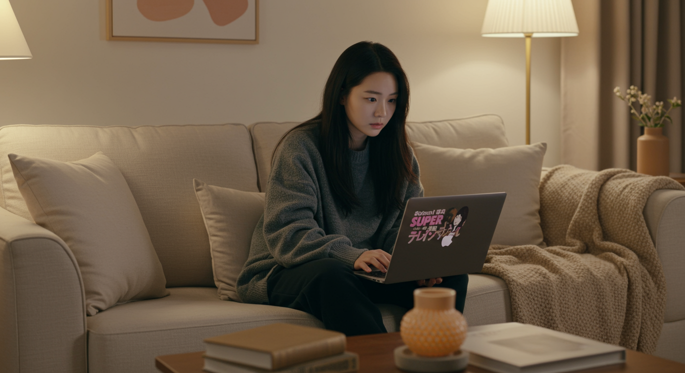 아늑한 거실에서 노트북으로 일본 드라마 '슈퍼 리치'를 보는 모습