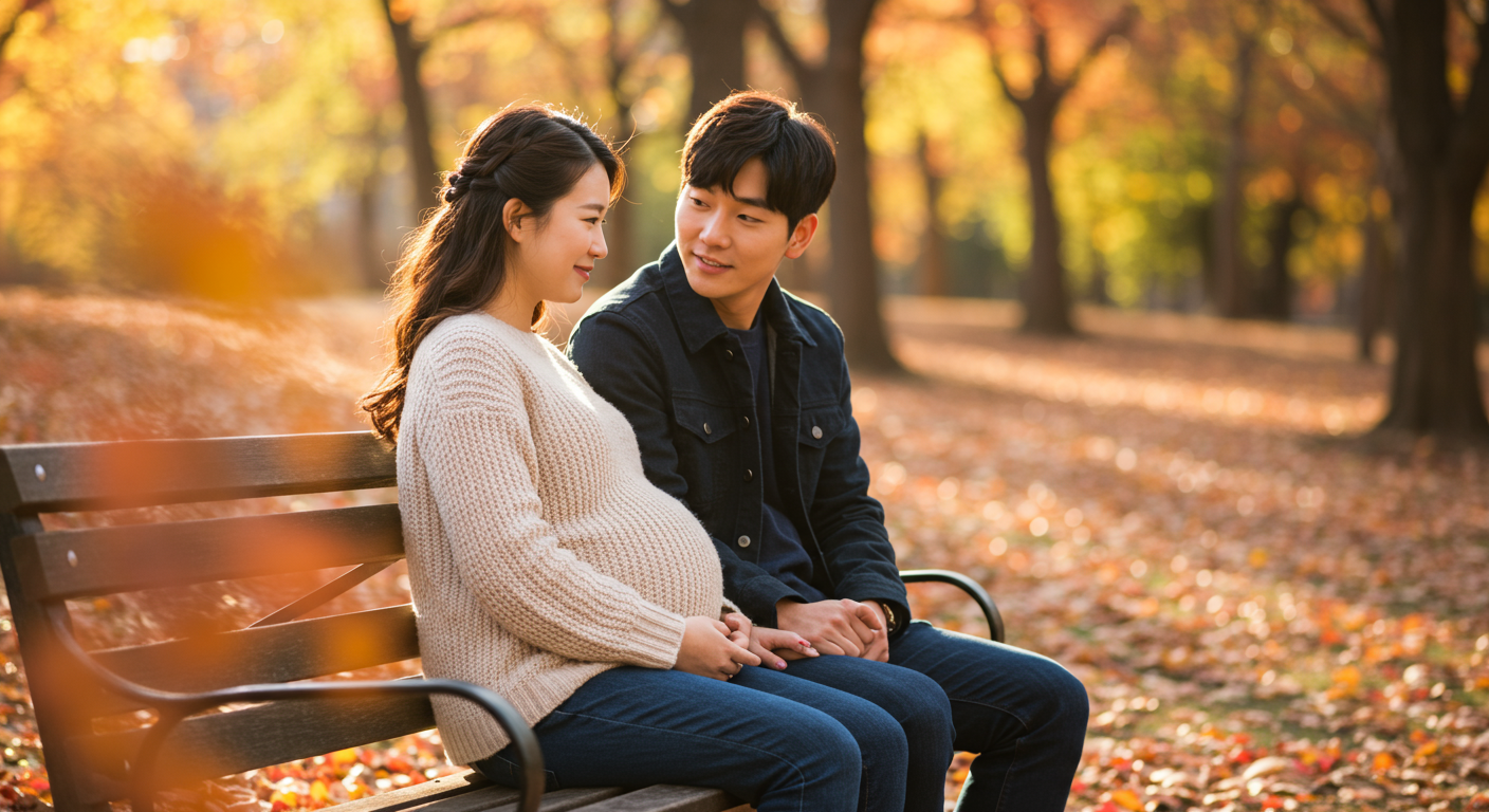 가을 공원 벤치에 앉아 있는 젊은 커플, 임신한 여성이 남자의 손을 잡고 있는 모습