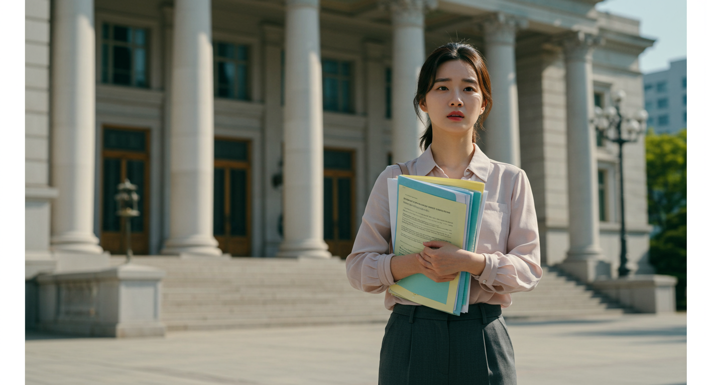 정부 건물 앞에서 서류를 들고 있는 젊은 엄마의 결연하고 희망적인 표정