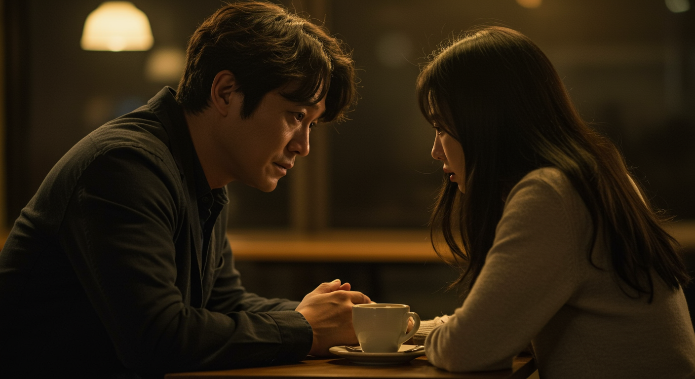 카페에서 감정적으로 대화하는 한국 커플의 클로즈업 장면