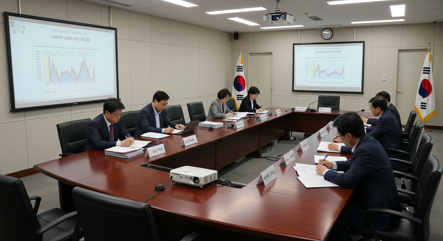 한국 정부 회의실에서 공무원들이 노동법 위반 사항을 토론하는 장면