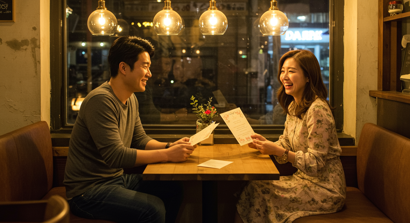 카페에서 결혼 청첩장을 나누는 젊은 커플