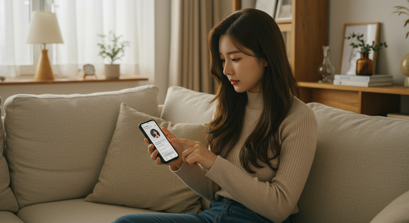 아늑한 거실에서 스마트폰 앱으로 등록 과정을 진행하는 여성