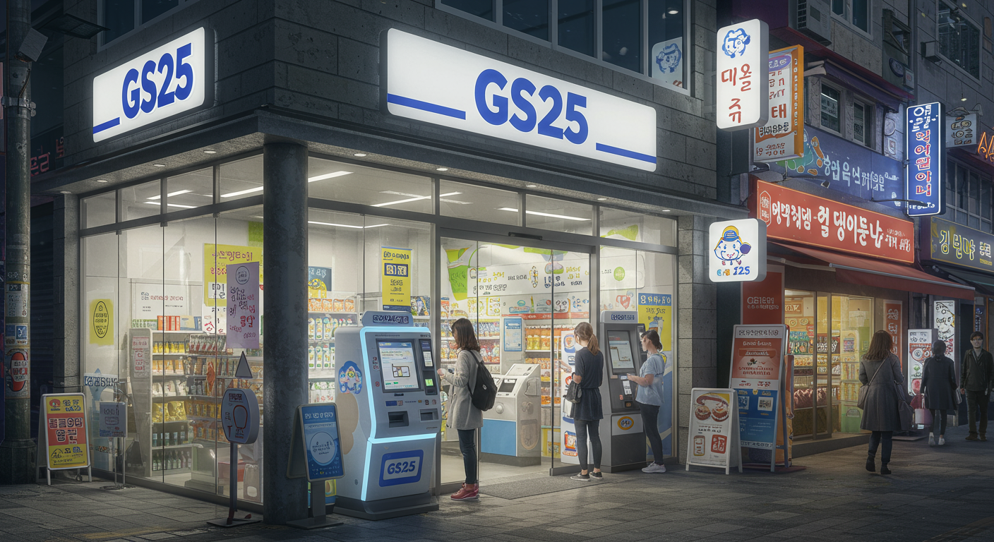 현대적인 건축 양식의 GS25 편의점 외관과 내부에 설치된 택배 키오스크 주변에서 상호작용하는 사람들