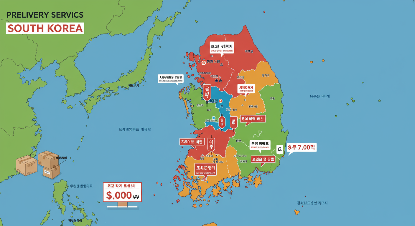남한 전역을 다채롭게 표시하며 지역별로 택배 요금을 나타낸 지도