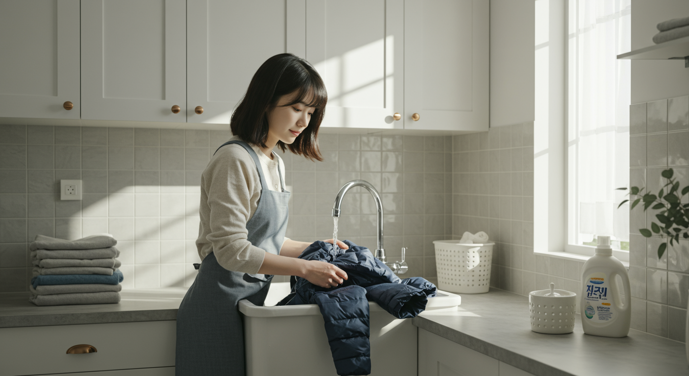 현대적인 한국 가정의 세탁실에서 손으로 패딩을 세탁하는 장면