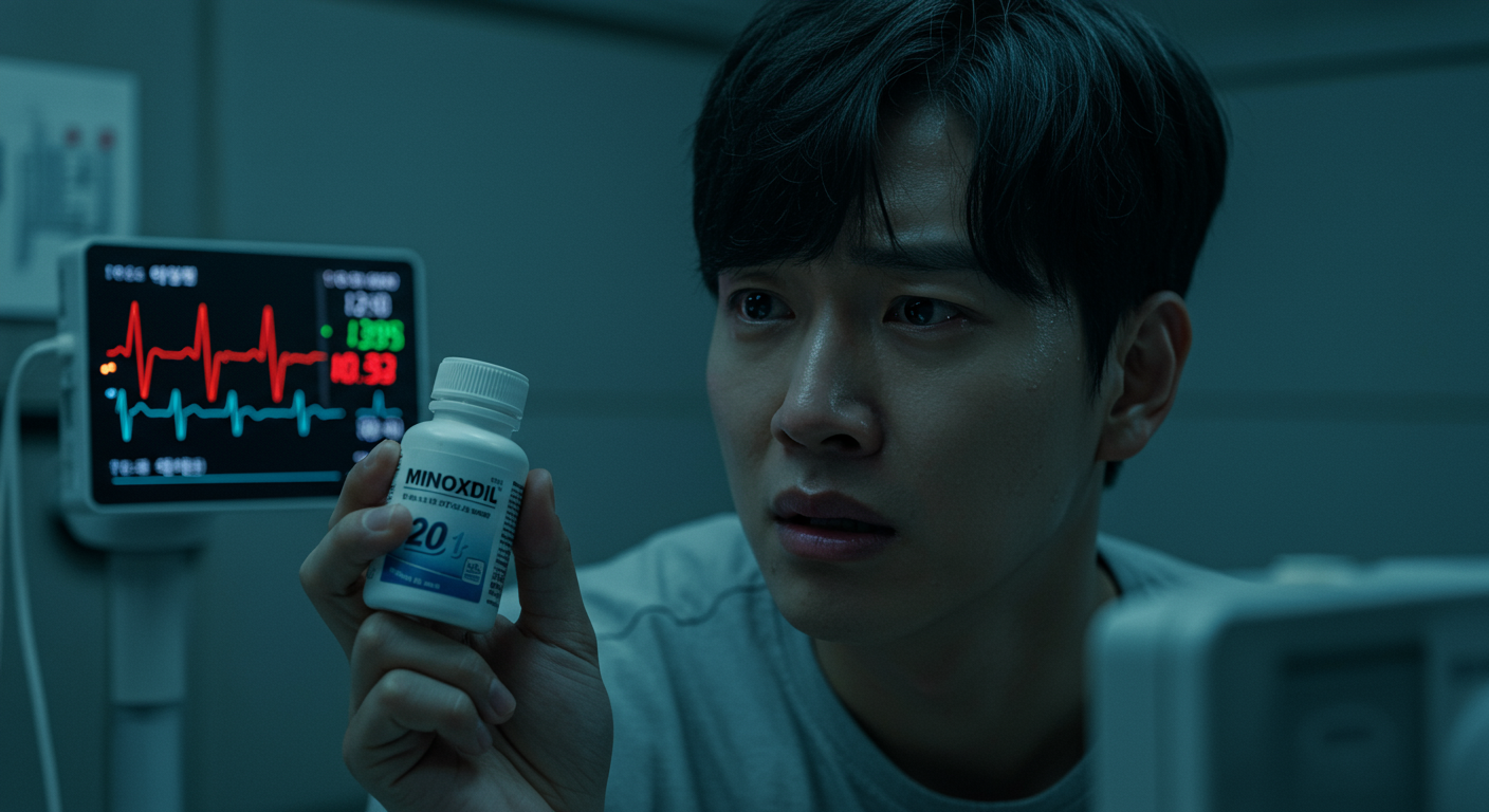 미녹시딜을 들고 있는 사람이 심박수 증가를 나타내는 모니터를 바라보는 모습