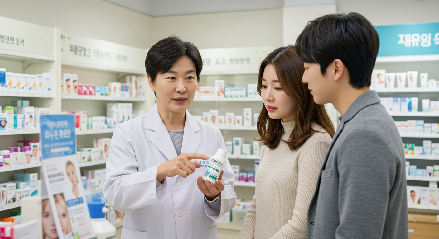 약국에서 고객에게 미녹시딜 사용법을 설명하는 약사 모습