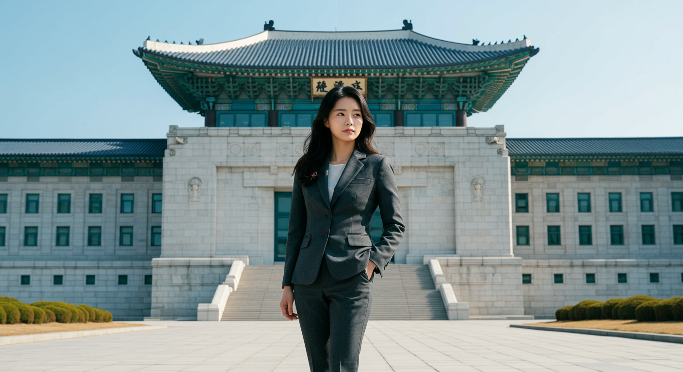 서울 대통령실 건물 앞에서 비즈니스 정장을 입고 당당한 표정을 짓는 현대 여성