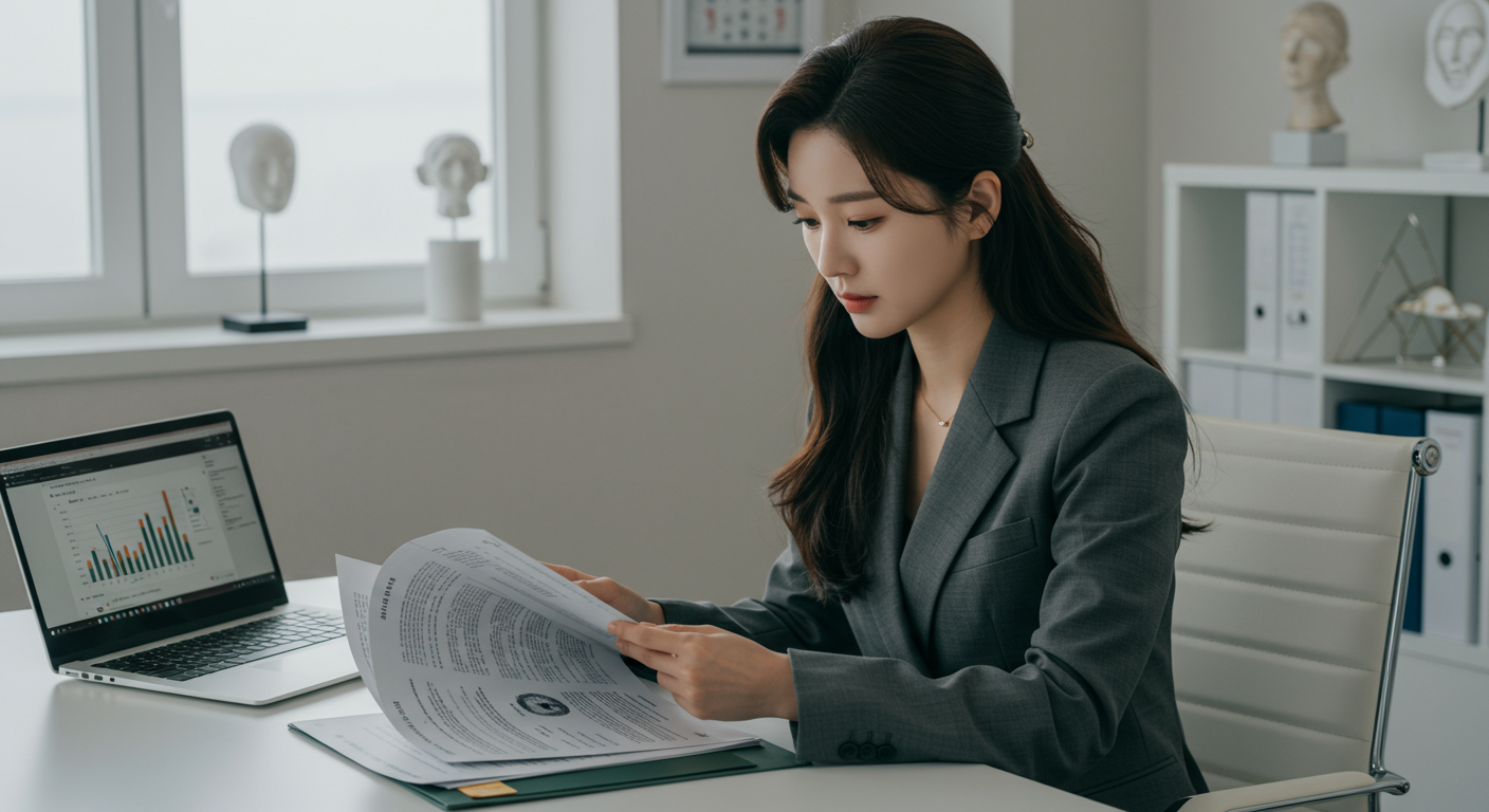 정치 문서와 노트북이 놓인 책상에 앉아 집중하는 여성의 모습