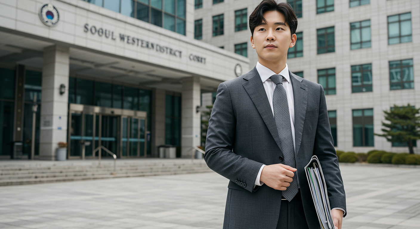 서울 서부지방법원 앞에서 자신감 있는 모습의 현대적인 변호사