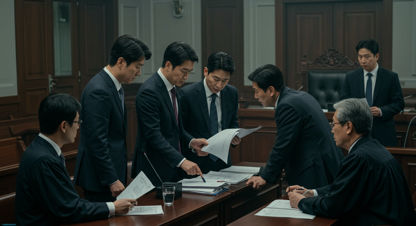 한국 법정 내부에서 긴장감 속에 토론하는 변호사들과 판사의 모습