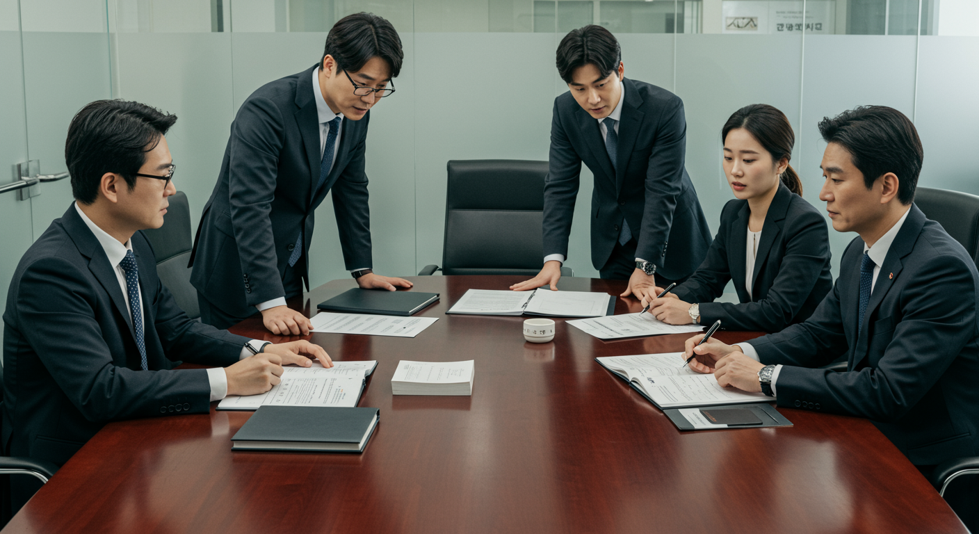 회의실 테이블에 둘러앉아 집중하며 전략을 논의하는 한국 변호사들
