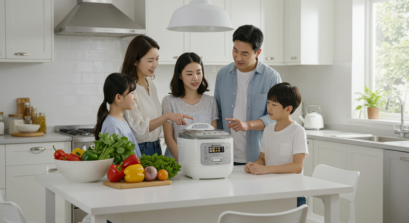 현대적인 부엌에서 저당밥솥을 바라보며 건강한 식습관을 이야기하는 가족
