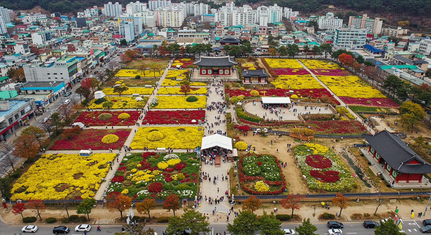 백제 역사를 주제로 꾸며진 국화로 물든 익산 도시 전경