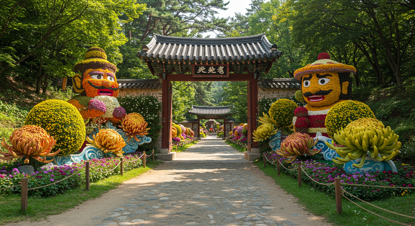 백제 유물과 신화를 형상화한 섬세한 국화 조형물들