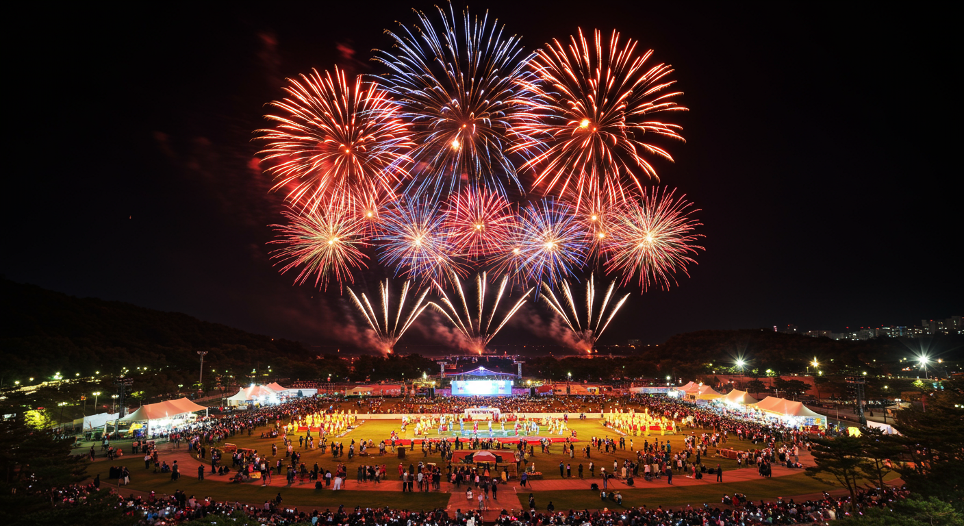 중앙체육공원 위로 펼쳐진 화려한 불꽃놀이와 축제를 즐기는 사람들