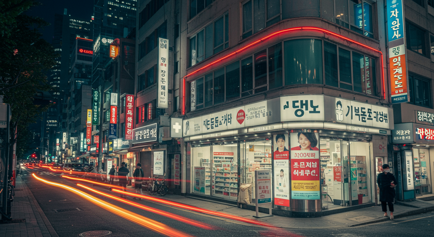 현대적인 약국 디스플레이와 활기찬 도시 풍경