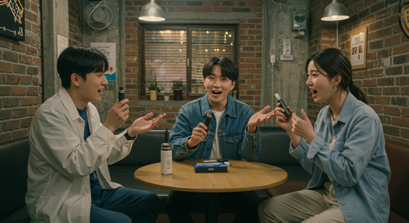 현대적인 카페에서 무니코틴 전자담배에 대해 이야기하는 사람들