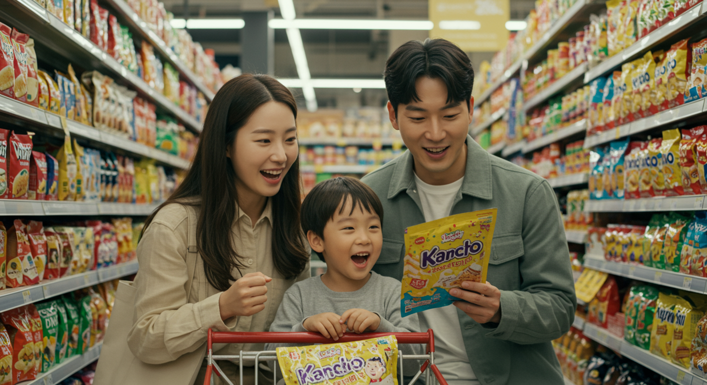 슈퍼마켓에서 칸쵸 한정판 패키지를 고르는 가족의 모습