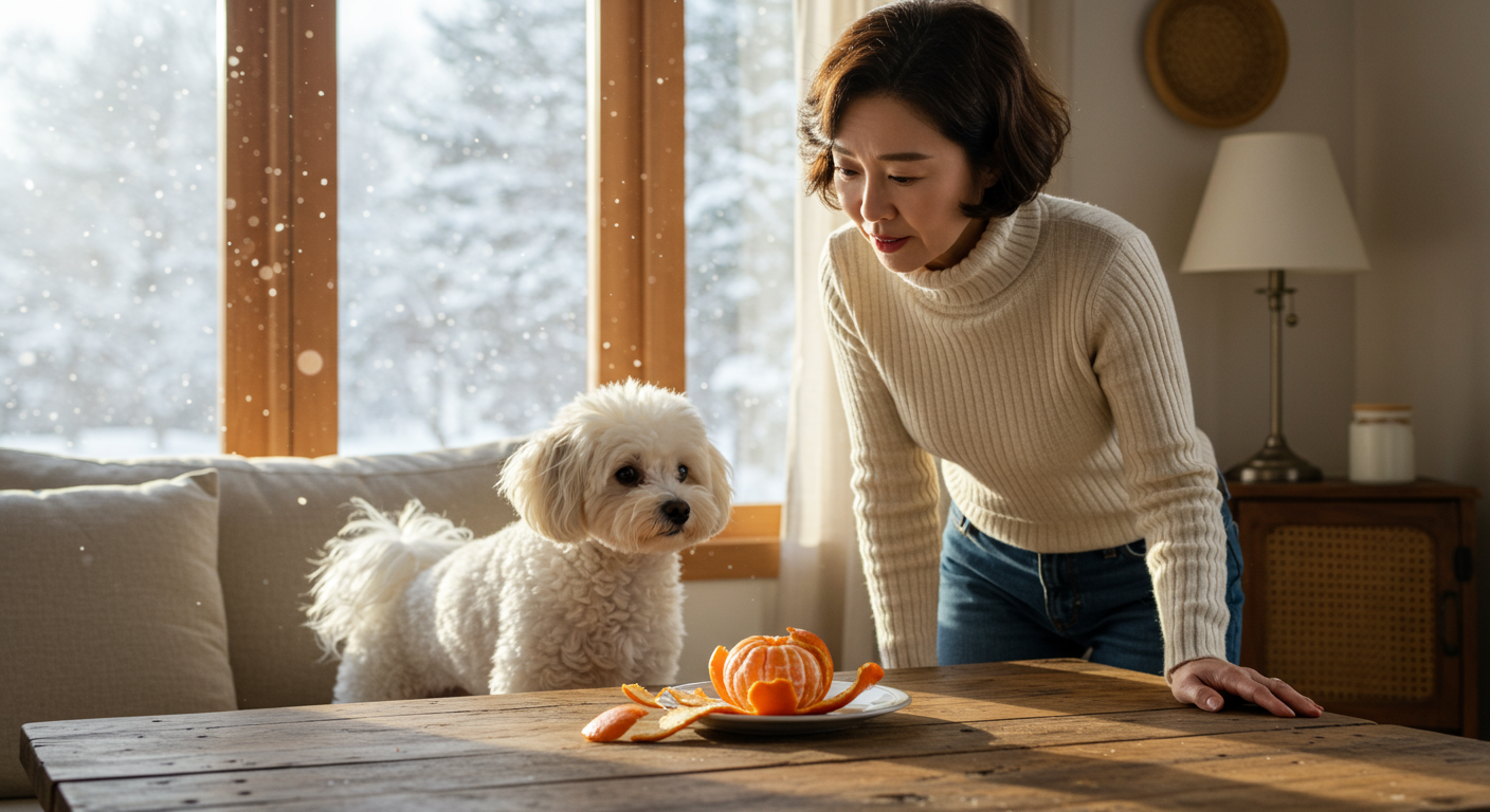호기심 많은 반려견 주인이 강아지와 함께 겨울철 테이블 위의 신선한 귤을 바라보는 장면