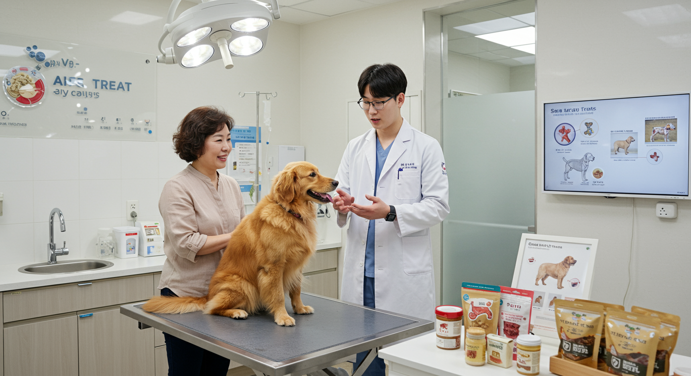 현대적인 동물 병원에서 반려견 간식에 대해 상담하는 한국인 반려견 주인